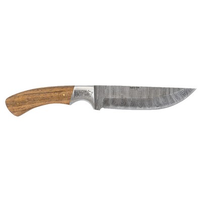 Bison River 9 1/2" Fixed Blade Wood Knife with Damascus Steel Blade and Leather Sheath